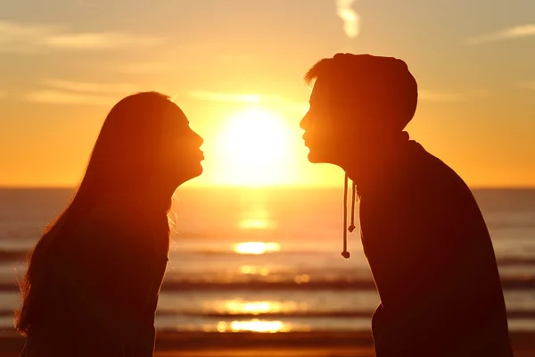 Couple kissing sun with love at sunset