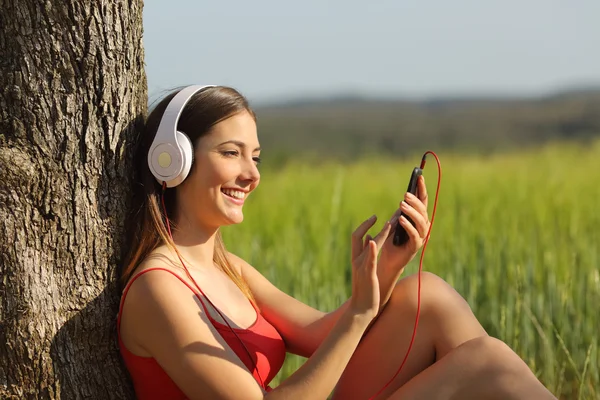 Girl listening to the music and downloading songs in a field