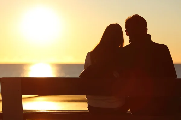 Back view of a couple watching sun on the beach