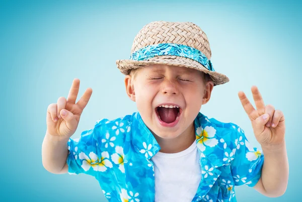 Child Shouts Hawaiian Shirt Straw HatnIsolated Blue