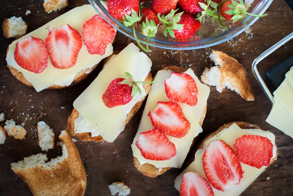 Sandwiches Strawberries Cheese Wooden Table Rustic Country Style