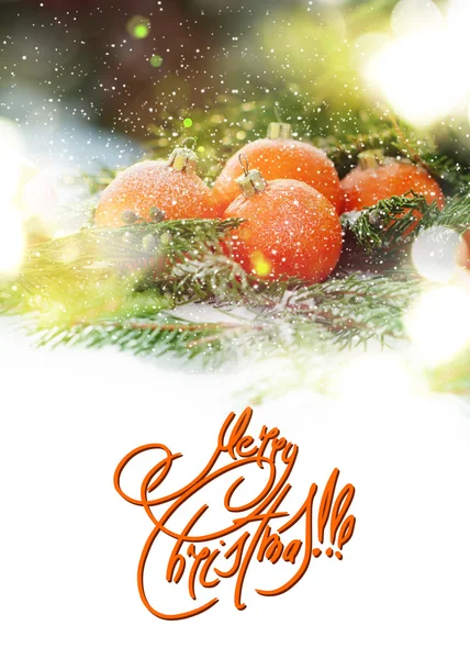 Greeting Card with Tangerines as Fir-tree Toy and Branch of Spruce on White Snow