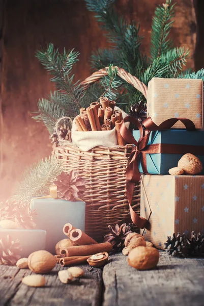 Christmas Natural Gifts with Boxes, Basket, food, Pine Cones, Wallnuts. Toned