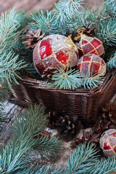 Rural Basket with Red Fir Tree Toys Balls