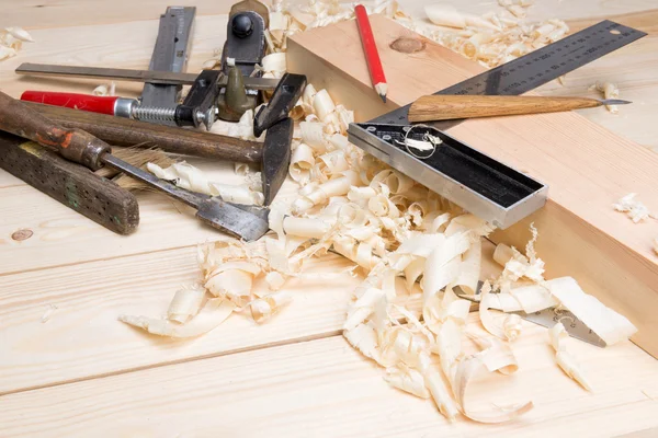 Carpentry tools and wood shavings in the workshop