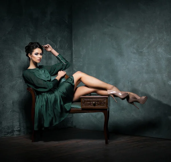 Woman model in long vintage dress