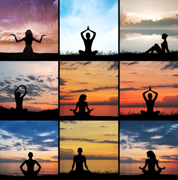 Woman doing yoga on sunset background