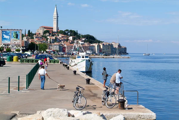 People on boats in front of Rovinj on Croatia