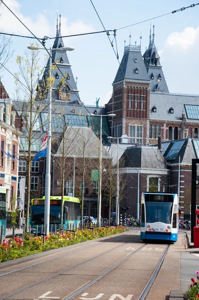 AMSTERDAM-APRIL 30: The Rijksmuseum (southern side), tram goes down the street on April 30, 2015.