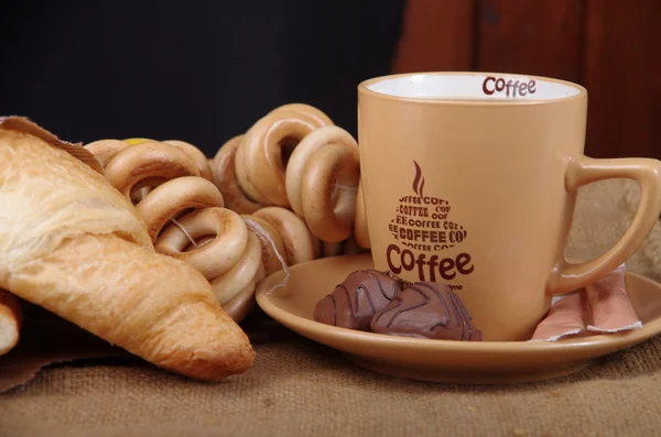 Coffee chocolate croissants and bagels