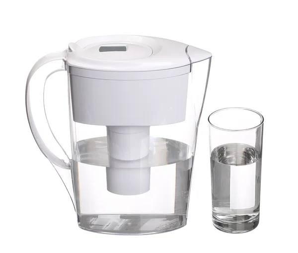Water filter jug with glass of clean water isolated on white