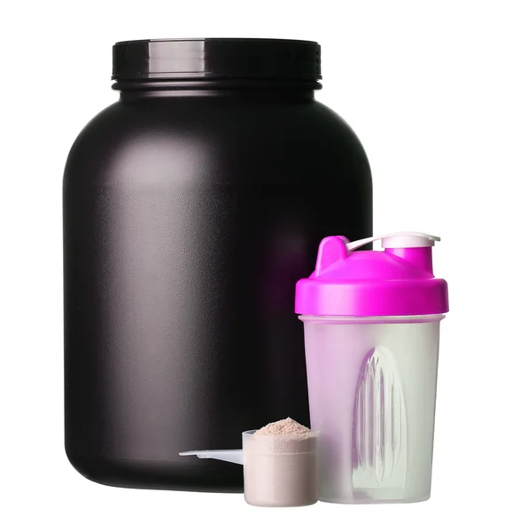 Big tub of whey protein with pink shaker and cup of protein powd