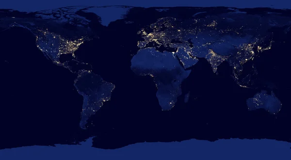 Earth night view from space with city lights.
