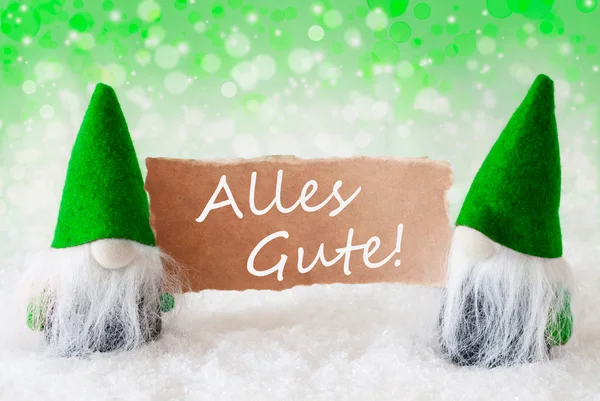 Green Natural Gnomes With Card, Alles Gute Means Best Wishes