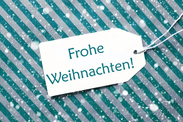 Label On Turquoise Paper, Snowflakes, Frohe Weihnachten Means Merry Christmas