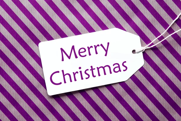 Label On Purple Wrapping Paper, Text Merry Christmas