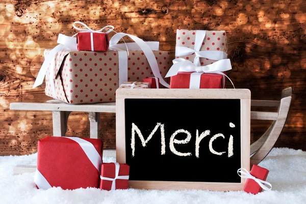 Sleigh With Gifts, Snow, Bokeh, Merci Means Thank You