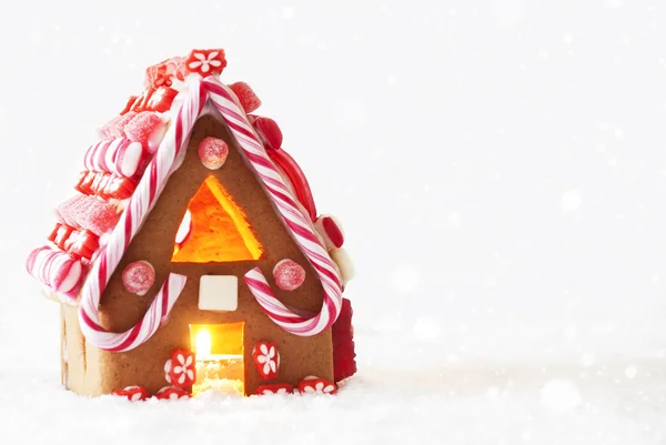 Gingerbread House, White Background With Snowflakes, Copy Space