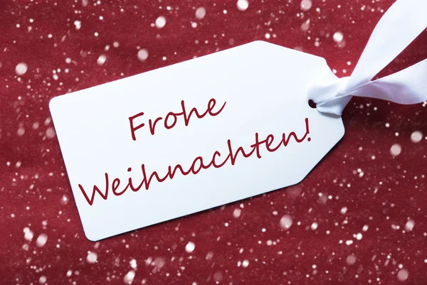 Label On Red Background, Snowflakes, Frohe Weihnachten Means Merry Christmas