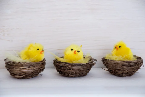 Three Yellow Chicks In Baskets With Copy Space