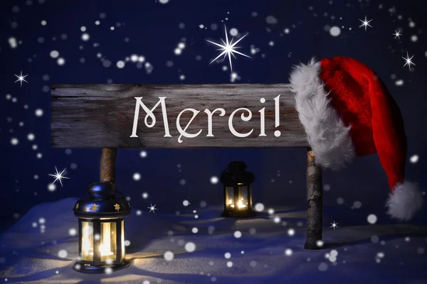 Christmas Sign Candlelight Santa Hat Merci Means Thank You