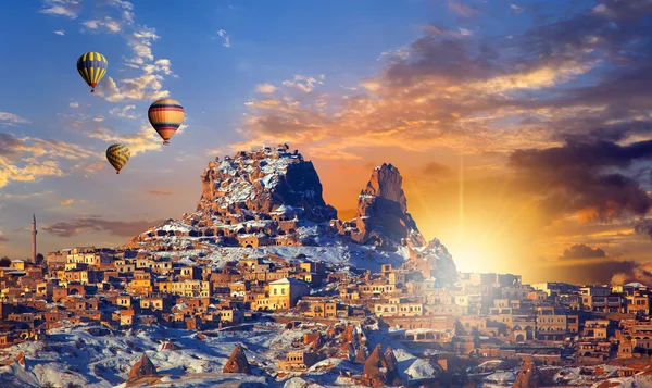 Hot air balloon flying over Cappadocia