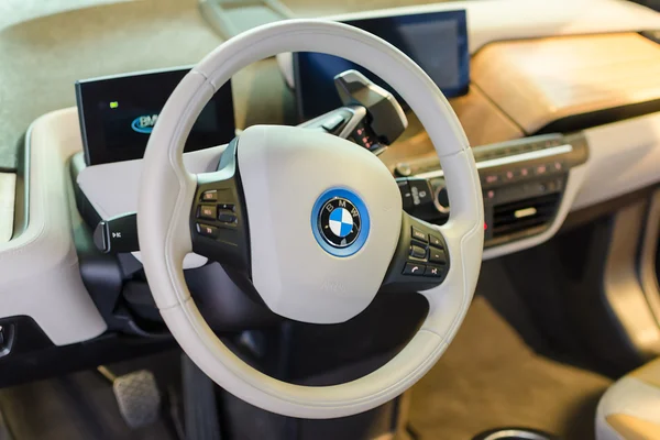 White interior of eco-friendly full-time electric car BMW i3