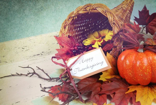 Happy Thanksgiving Cornucopia on Vintage White and blue background