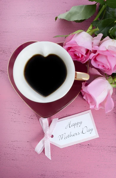 Happy Mothers Day Pink Roses and Heart Shape Tea Cup.