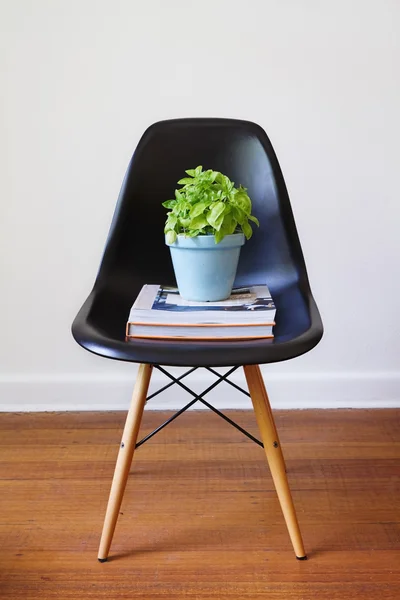 Contemporary black dining chair with basil plant and books