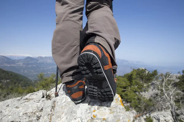 A traveler stands on top of a mountain and looks out to sea.