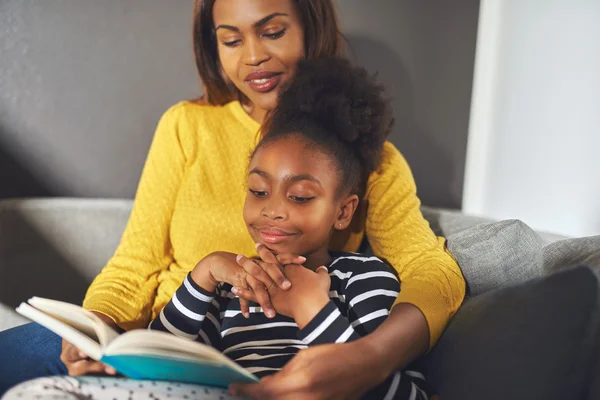 Mom and daughter reading book