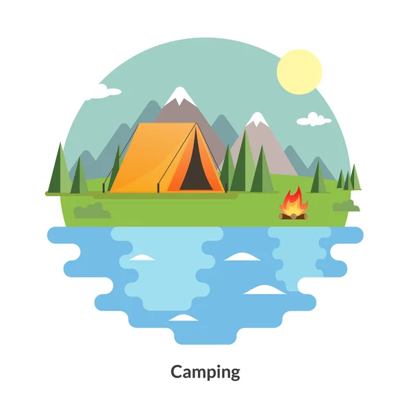 Camping Tent. Summer landscape.  Flat travel icons. Vector illustration. Hiking and outdoor recreation concept