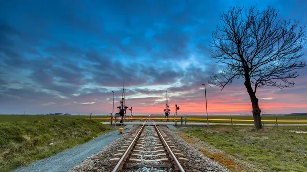 Railroad crossing in open rural countryside under stunning sky