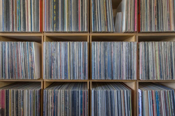 Record collection on shelves