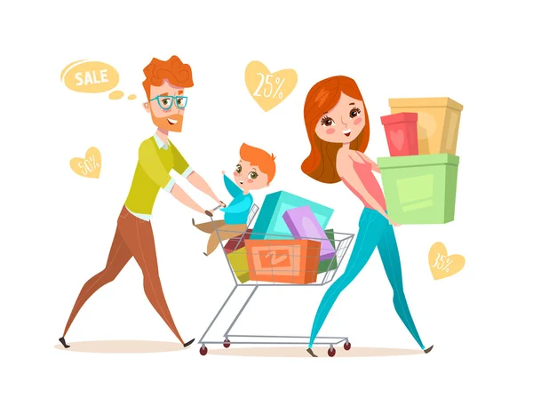 Flat design family. People and shopping