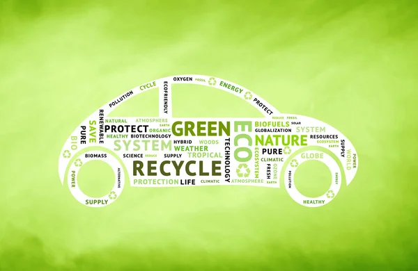 Conceptual green car driving with eco tag words