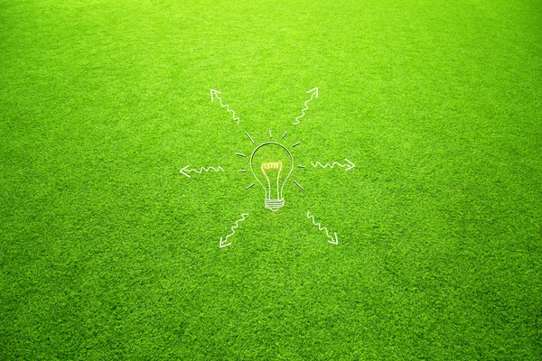 Sunny artificial green grass with light bulb arrows