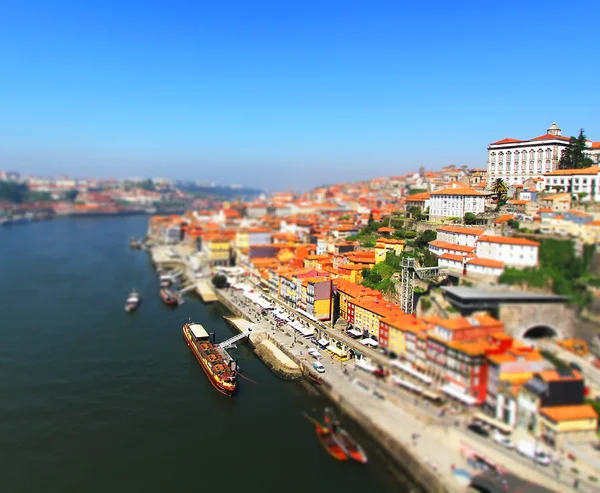Bird eye view of Douro riverside from the Dom Luiz bridge , Porto , Portugal