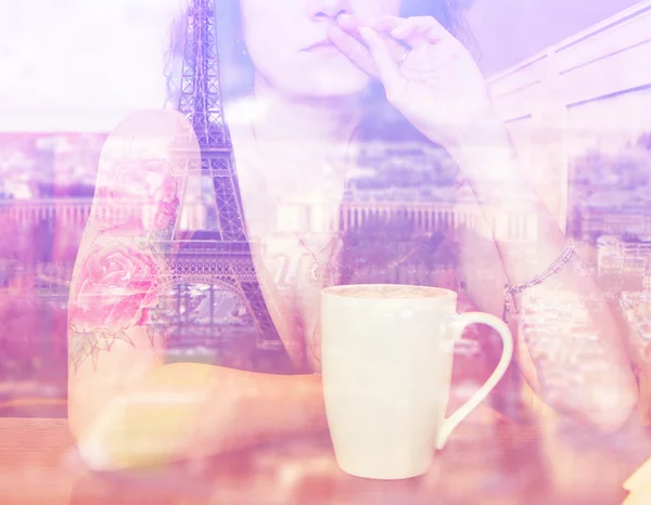 Double exposure: young beautiful hipster tattooed woman with red curly hair at the bar with cup of coffee. Vintage style picture