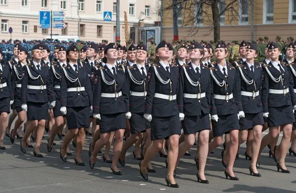 Women soldiers in uniform are at rehearsal of Military Parade