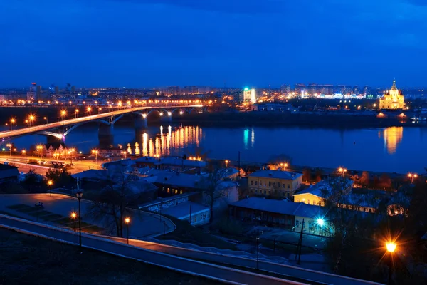 Night view of Nizhny Novgorod. Kanavinskiy bridge and Alexander
