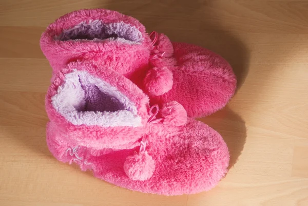 Pair of slippers on the wooden floor