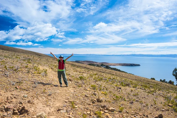 Tourist on Island of the Sun, Titicaca Lake, Bolivia