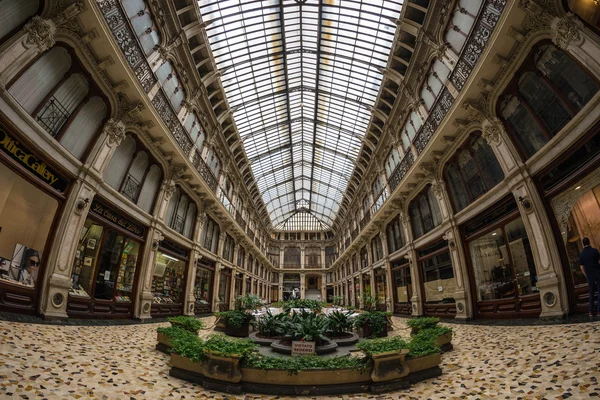 Turin, Italy - June 5, 2016: Interiors of Galleria Subalpina, historical commercial mall in the centre of Torino (Turin), Italy. Fisheye view, scenic distortion.