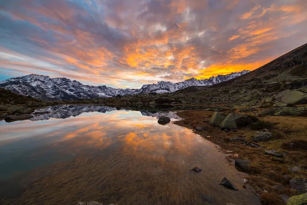 High altitude alpine lake, reflections at sunset