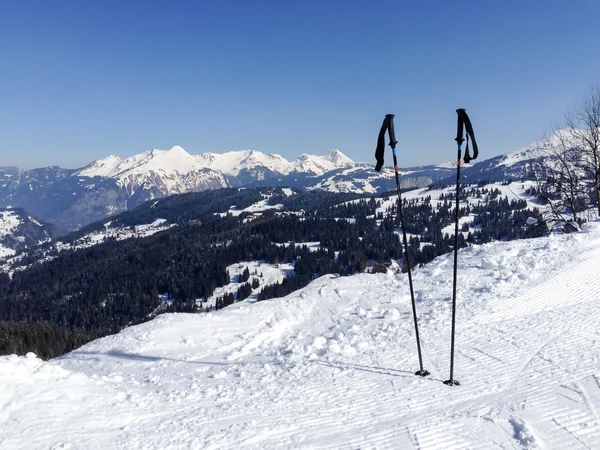 Ski poles on a winter mountain background