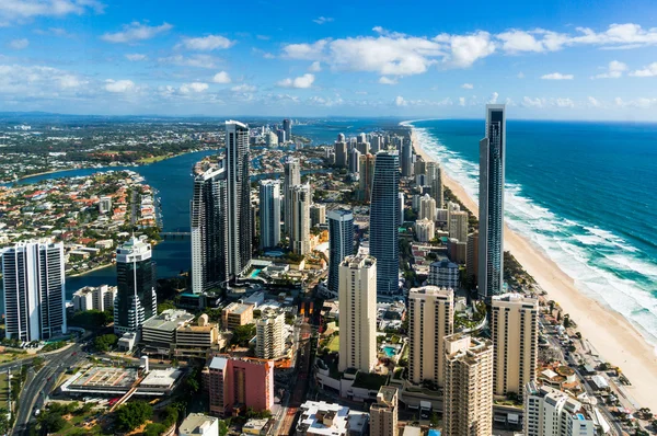 Aerial shot of Surfers Paradise, Gold Coast city and beach