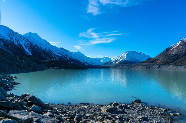 Tasman glacier and lake with turquoise blue water and mountains