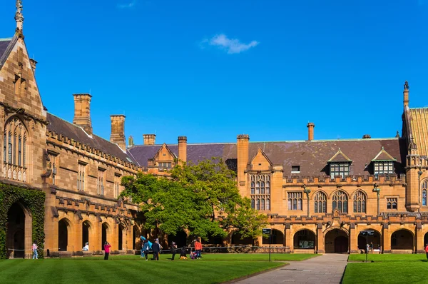 Sydney Uni inner yard with students in the distance enjoying bre